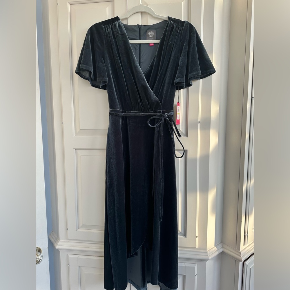 Vince Camuto Velvet Charcoal Gray Blue  asymmetrical hem Dress